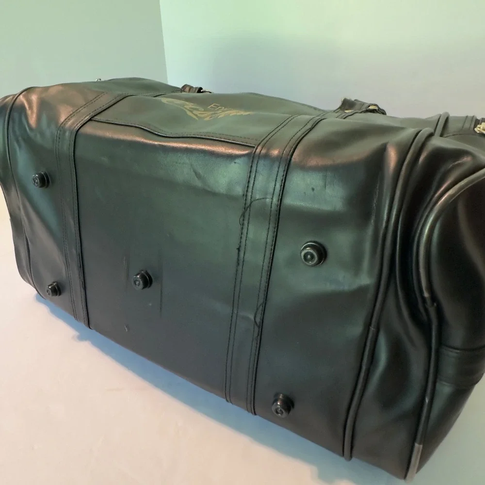 Vintage Coca-Cola Black Faux Leather Duffel Bag Gold Logo Travel Weekender